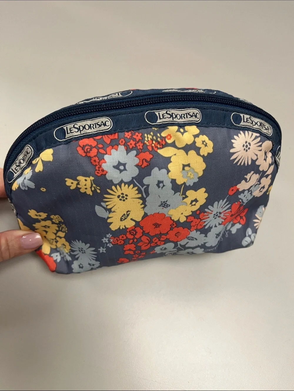Lesportsac Blue Floral Cosmetic Pouch with Red and Yellow Accents